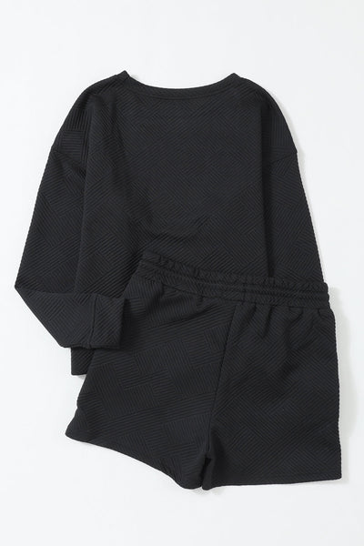 Stylish Women's Black Textured Long Sleeve Top & Comfortable Drawstring Shorts Set - Versatile Summer Outfit
