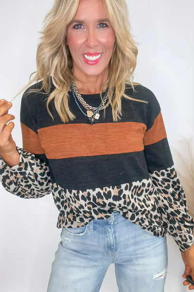 Trendy Women's Casual Black Color Block Leopard Print Top - Stylish Long Sleeve for Comfortable Everyday Wear