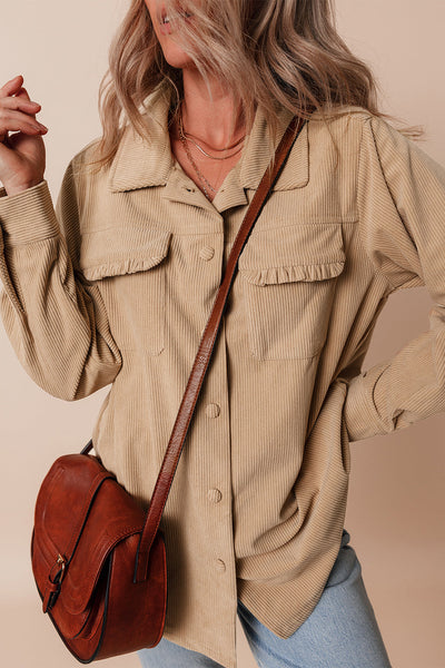 Women's Light Beige Corduroy Shacket with Frilled Pockets - Chic Button-Up Jacket for Casual Fall Fashion