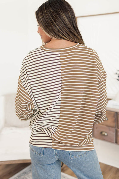Women's Relaxed Fit Khaki Stripe Color Block Long Sleeve Tee - Casual Drop Shoulder Top for Effortless Style
