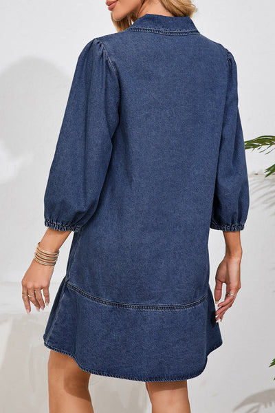 Women's Cotton-Blend Denim V-Neck Shift Dress with Tiered Hem
