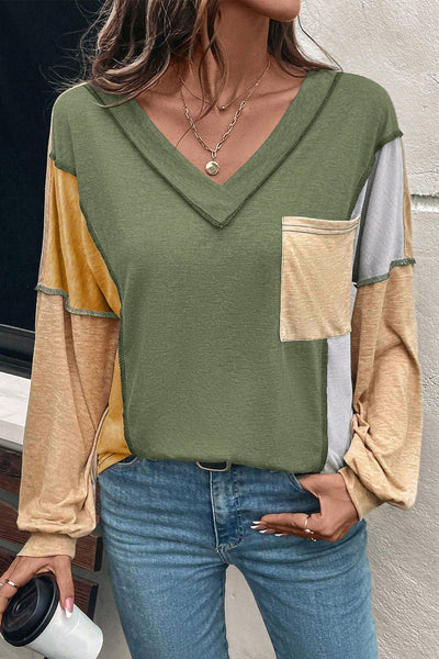 Women's Jungle Green Colorblock V-Neck Long Sleeve Top - Trendy Casual Fit with Exposed Stitching for Effortless Style
