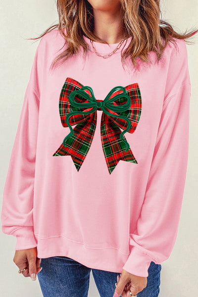 Women's Plaid Bow Graphic Pink Sweatshirt | Cotton-Blend Holiday Top