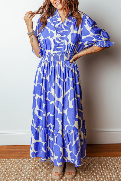 Women's Blue Abstract Smocked Maxi Dress with Puff Sleeves