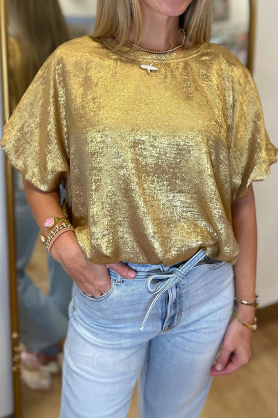 Women's Gold Metallic Puff Sleeve Blouse | Shimmering Relaxed Top