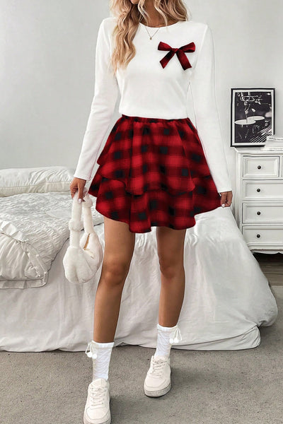 Chic Women's Red Plaid Long Sleeve Top and Ruffle Mini Skirt Set Trendy 2-Piece Outfit for Effortless Style