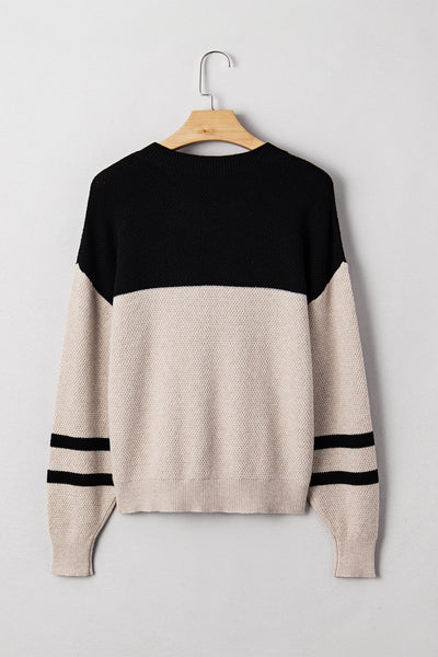 Cozy Parchment Color Block Sweater for Women with Striped Sleeves Effortless Casual Chic Knitwear for Any Occasion