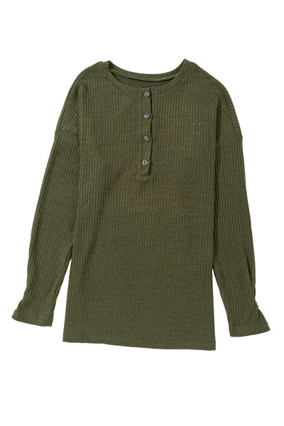 Women's Jungle Green Ribbed Henley Top - Chic & Comfy Knit Shirt for Casual Outings and Everyday Style