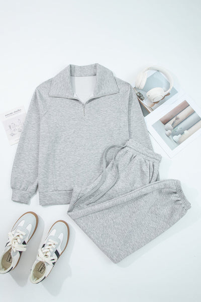 Women's Light Grey Casual Long Sleeve Zip Collar Top & Drawstring Pants Set - Stylish, Comfortable, Ideal for Daily Wear