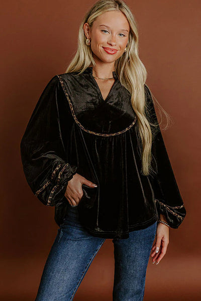 Elegant Women's Black Velvet Puff Sleeve Top with Notched Neck and Leopard Trim - Chic Casual Fashion Statement