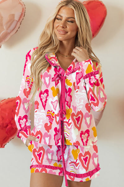 Women's Cute Pink Heart Print Lounge Set with Frilled Trim and Tie Front - Comfy Summer Outfit for Relaxed Days