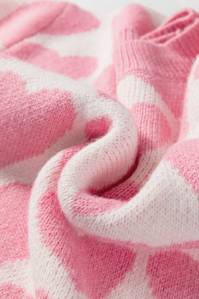Women's Strawberry Pink Heart Print Knit Sweater | Drop Shoulder Top
