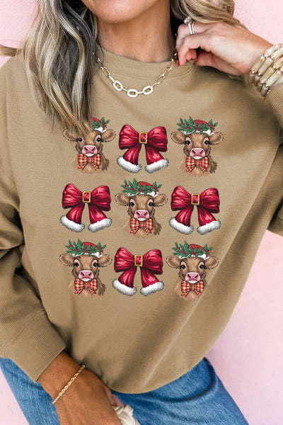 Women's Khaki Highland Cow Holiday Graphic Sweatshirt