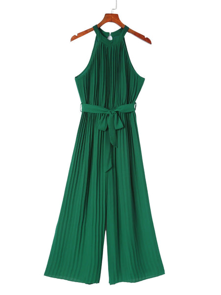 Solid Chic Sleeveless Slanted Shoulder Tie Waist Wide Leg Jumpsuit