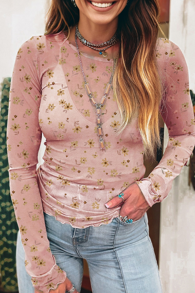 Elegant Women's Floral Mesh Long Sleeve Blouse - Lightweight, Breathable Top for Spring & Summer Style