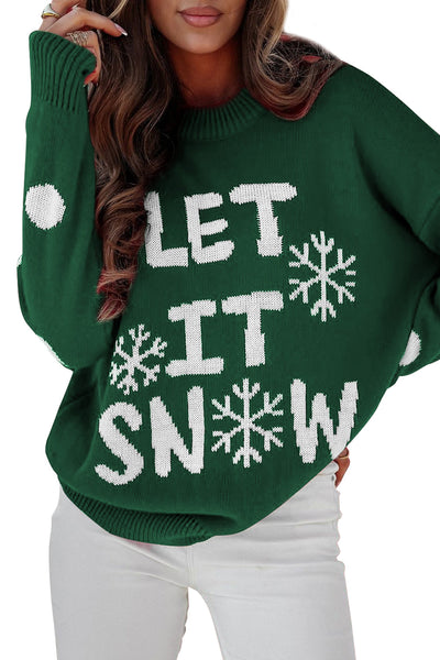 Women's Cozy Blackish Green "Let It Snow" Graphic Holiday Sweater - Relaxed Fit for Festive Winter Style