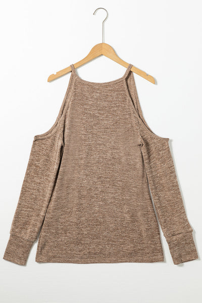 Women's Heather Gray Distressed Cold-Shoulder Cotton Blend Sweatshirt