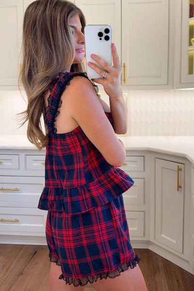 Cozy Women's Red Plaid Lace Trim Flounce Hem Tank Top & Loose Shorts Pajama Set for Relaxed Sleepwear