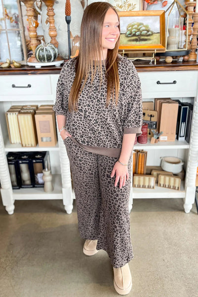women's stylish khaki leopard print ribbed long sleeve pullover and wide leg pant set comfortable fashion ensemble made for easy styling and wardrobe