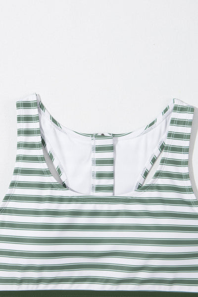 Striped Zip-Up Racerback High Waist Bikini Set in White