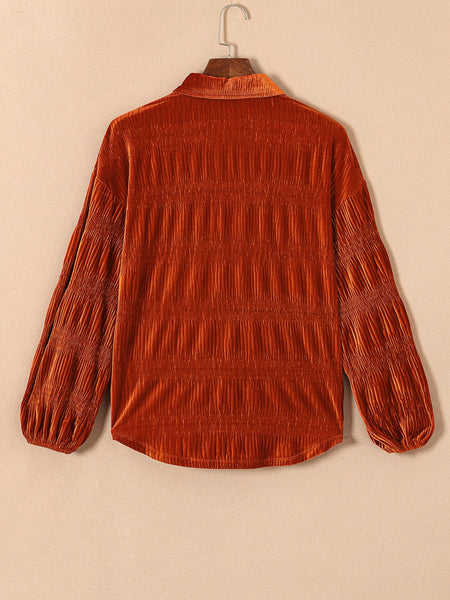 Women's Velvet Orange Lantern Sleeve Button Up Shirt