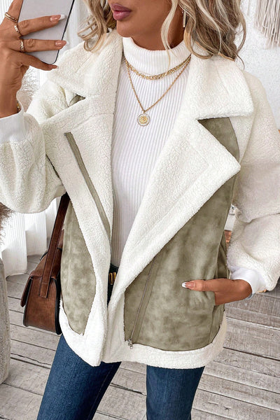 Women's Cozy Laurel Green Faux Suede Sherpa Jacket with Pockets - Stylish Zip-Up Outerwear for Comfort and Warmth