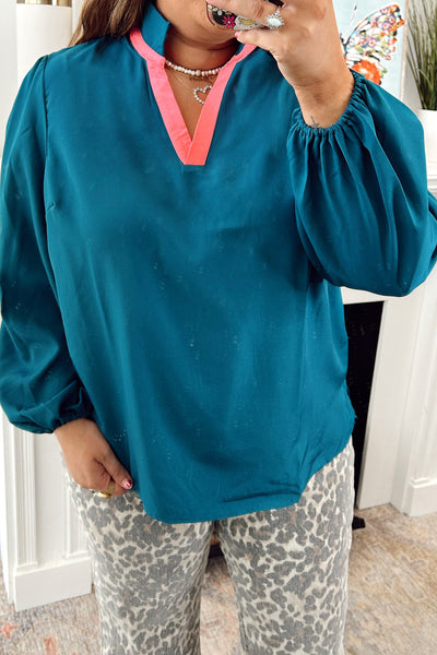 Plus Size Women's Blue Sapphire Long Sleeve Blouse with Contrast Trim & Split Neck for Chic Comfort and Style