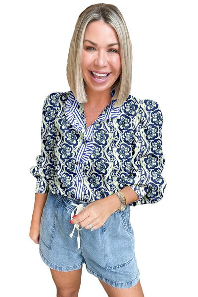 Women's Abstract Floral Cotton Blouse with Striped Ruffle Trim