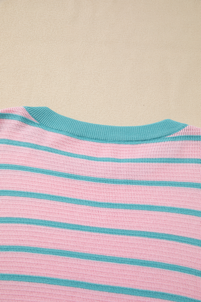 Cozy Women's Pink Striped Loose Sweater with Drop Shoulders & Round Neck - Effortless Casual Knit Top for Relaxed Style