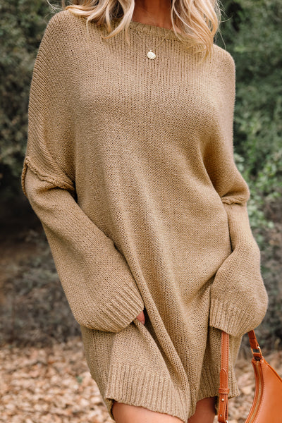 Women's Pale Khaki Oversized Knit Sweater Dress with Exposed Seams