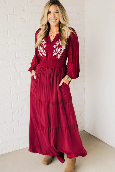 Elegant Women's Racing Red Maxi Dress with Contrast Embroidery, V-Neck, Long Sleeve, Perfect for Special Occasions