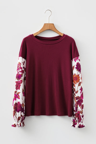Women's Wild Ginger Floral Sleeve Ribbed Top with Ruffle Cuffs