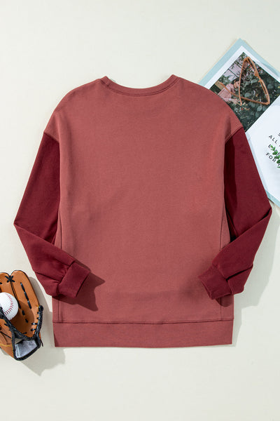 Cozy Women's Mineral Red Two-Tone Patchwork Drop Shoulder Sweatshirt - Effortless Everyday Casual Style