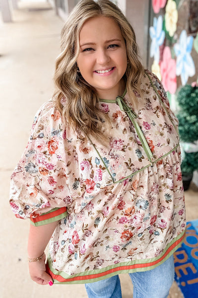 Plus Size Women's Black Floral Babydoll Blouse with Striped Trim - Chic Casual Top for Effortless Style