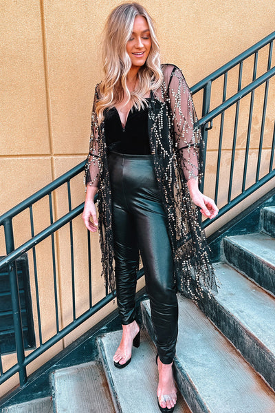 Women's Black Sequin Sheer Long Sleeve Open Front Kimono