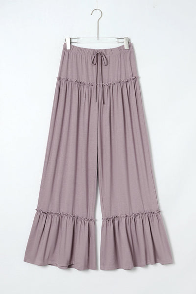 Women's Mauve Tiered Frill Wide-Leg Pants with Drawstring