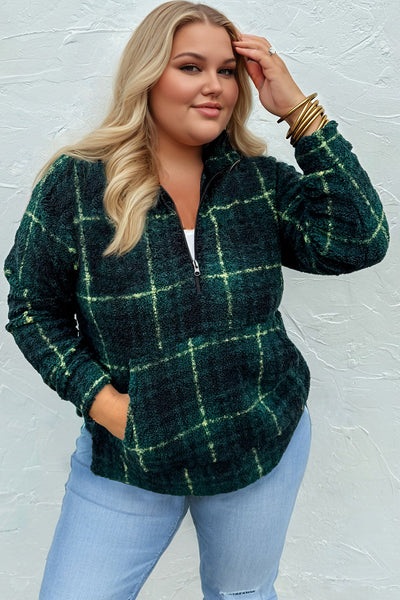 Plus Size Women's Cozy Green Plaid Fleece Sweatshirt with Half Zip Collar for Casual Chic Comfort