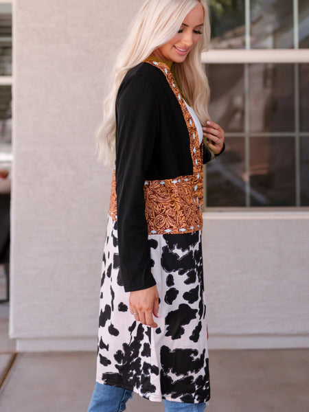 Cow Print Western Style Patchwork Cardigan