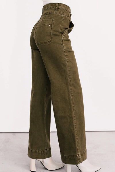 Women's Jungle Green Wide Leg Mica Denim Jeans - Effortlessly Chic Casual Fit for Everyday Style and Comfort