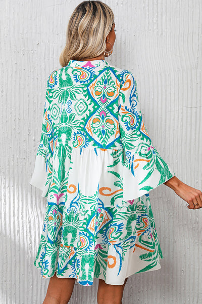 Women's Boho Chic Green Tribal Print Mini Dress with Button Details & Bracelet Sleeves - Perfect for Summer Outings