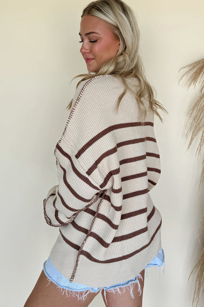 Women's Striped Viscose Blend Henley Knit Pullover Sweater