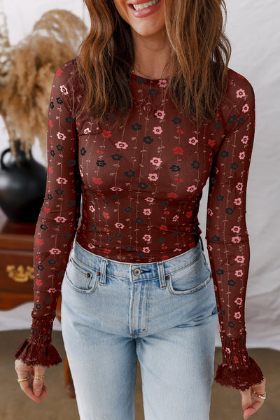Chic Women's Slim Fit Red Floral Mesh Bodysuit with Smocked Cuffs - Perfect for Stylish Occasions and Everyday Wear