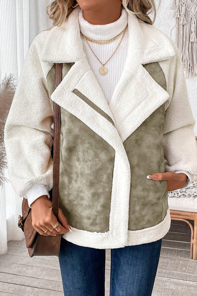 Women's Cozy Laurel Green Faux Suede Sherpa Jacket with Pockets - Stylish Zip-Up Outerwear for Comfort and Warmth