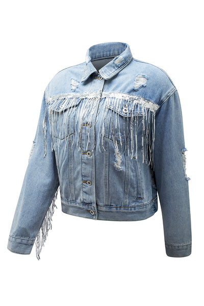Women's Sky Blue Sequin Fringe Distressed Denim Jacket