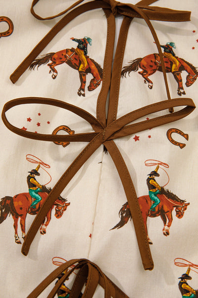 Trendy Women's Apricot Western Rodeo Print Peplum Top with Puff Sleeves and Tied Front Perfect for Casual Outings