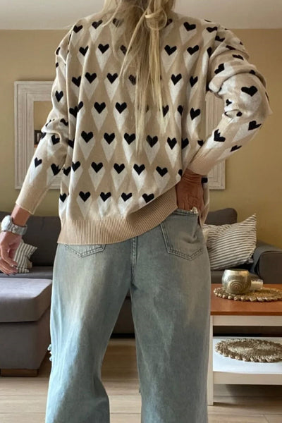 Cozy Women's Loose-Fit Parchment Sweater with Geometric Heart Print and Ribbed Trim for Effortless Casual Style