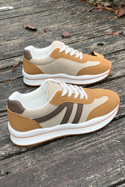 Women's Camel and Coffee Color Block Lace-Up Sneakers