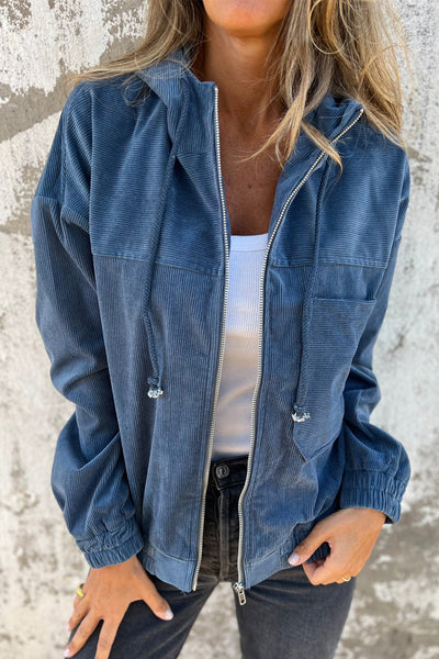 Women's Casual Real Teal Corduroy Hooded Zip-Up Jacket with Drawstring and Pockets for Everyday Comfort