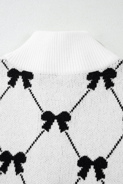 Women's Black Bow Print Zipped Collar Sweater Tee - Preppy Style, Comfortable Fit, Trendy Top for Casual Outings