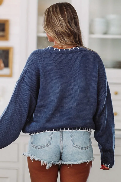 Cozy Plus Size Women's Peacock Blue Sweater with Chic Contrast Trim and Bow Pattern for Trendy Fall Fashion